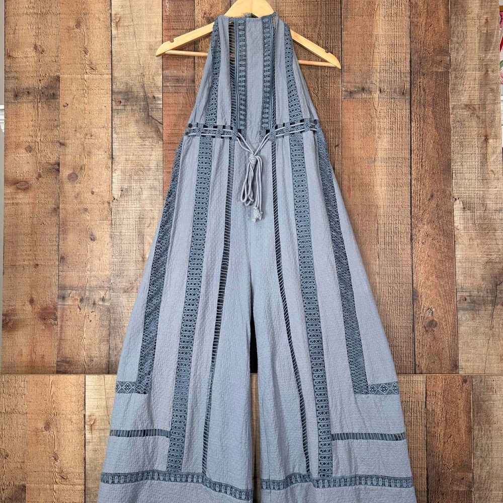Free People Blue Grey Striped Halter Jumpsuit